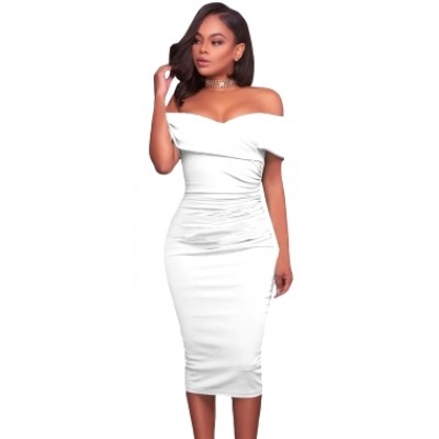 'Alana' witte knielange off shoulder bodycon jurk